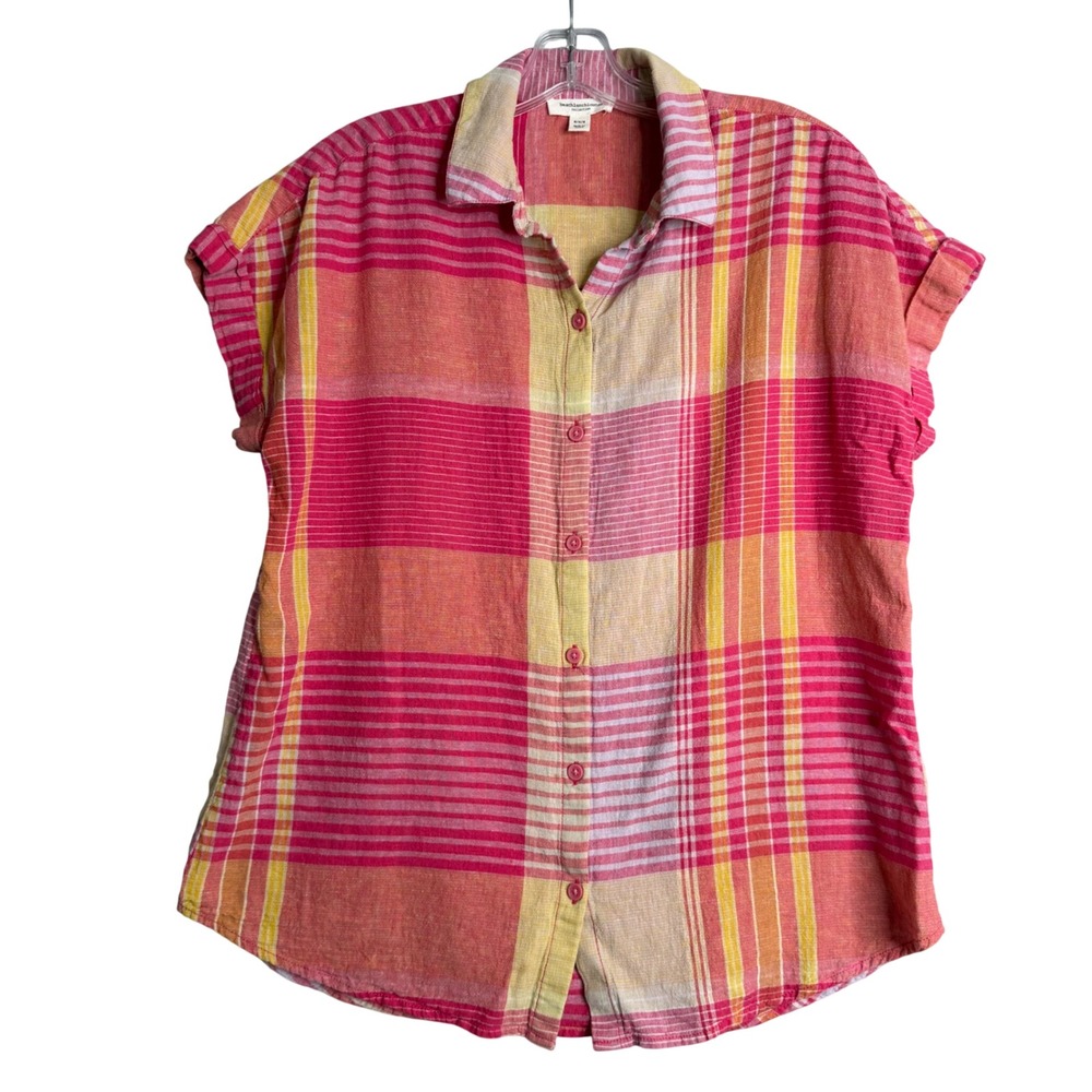 Beach Lunch Lounge Linen Blend Shirt Womens M Pink Plaid Boxy Camp Lagenlook